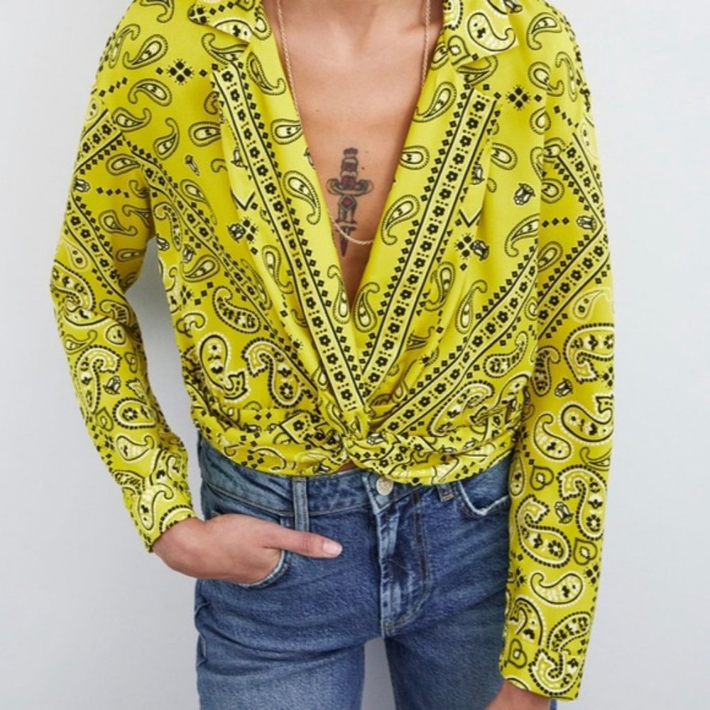 Zara paisley cropped long sleeve blouse small